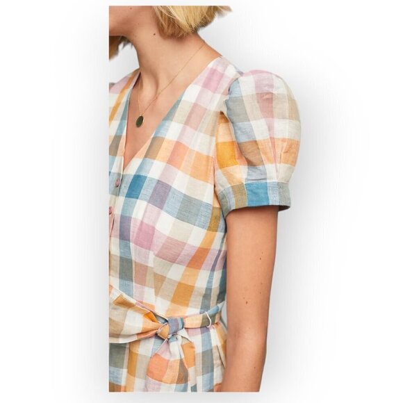 Gal Meets Glam Linen Puff Sleeve Plaid Midi Dress Pockets Tie Waist Size S - Picture 4 of 15